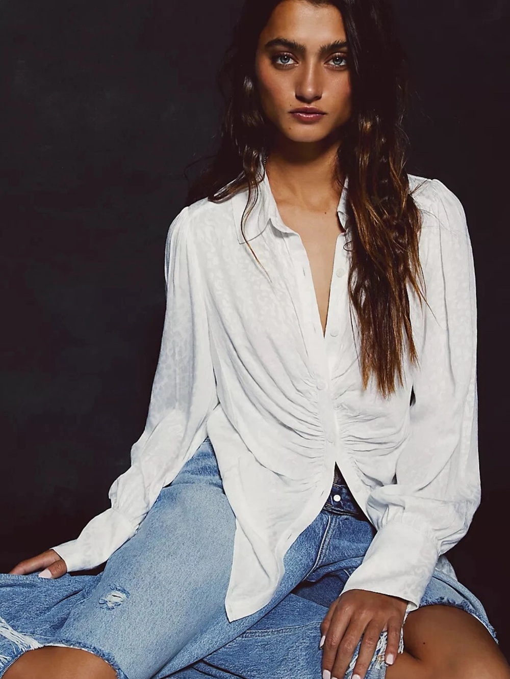 Free People Bianca Blouse White Ruched Front Button-Down Top Subtle Print
